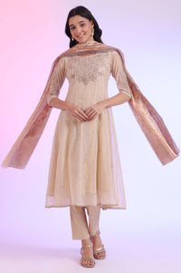 Brown Embroidered Anarkali with Trousers &amp; Dupatta Set