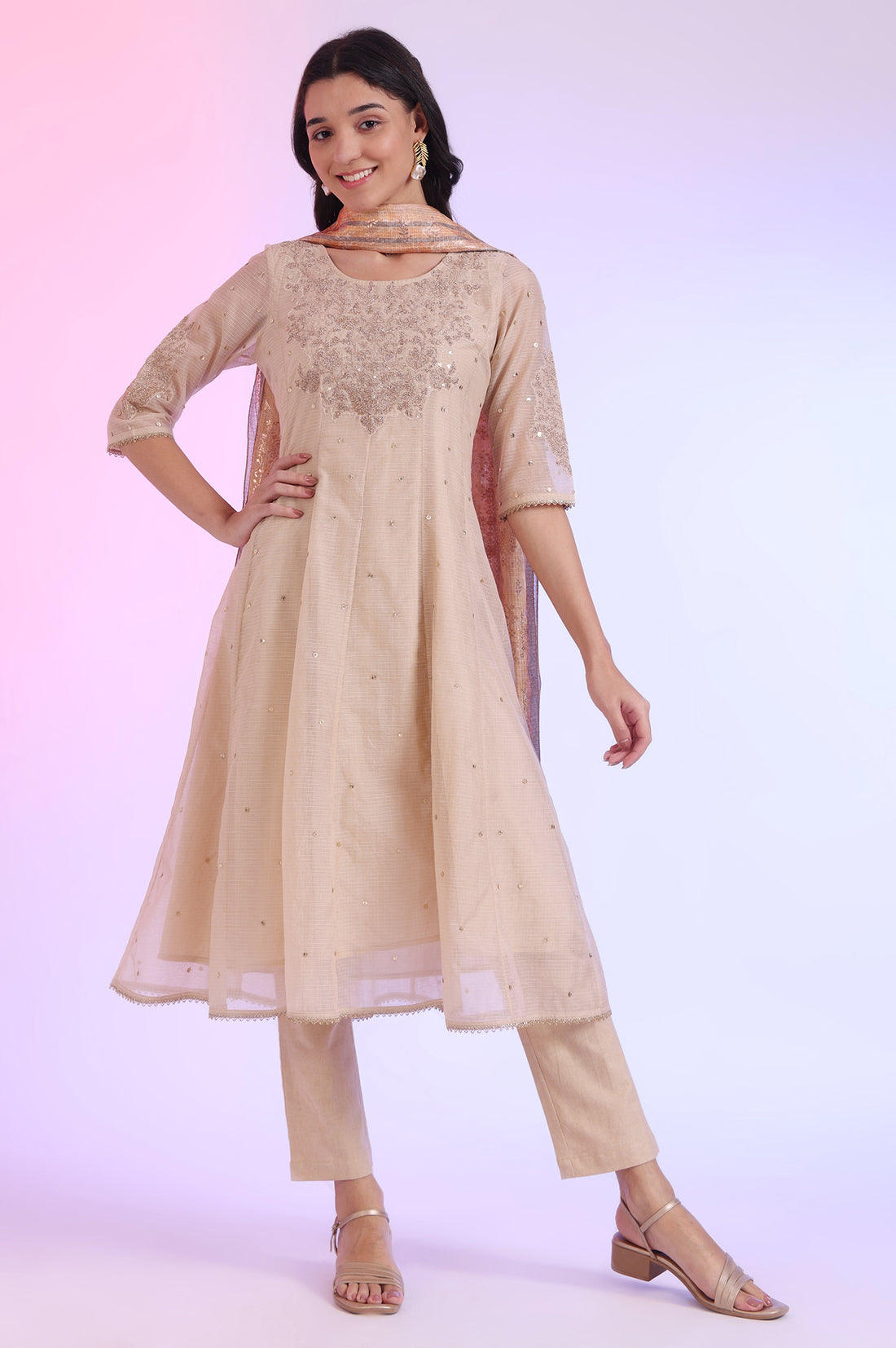 Brown Embroidered Anarkali with Trousers &amp; Dupatta Set