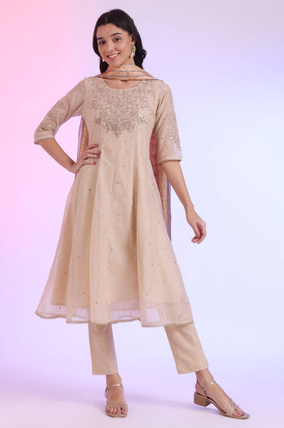 Brown Embroidered Anarkali with Trousers & Dupatta Set