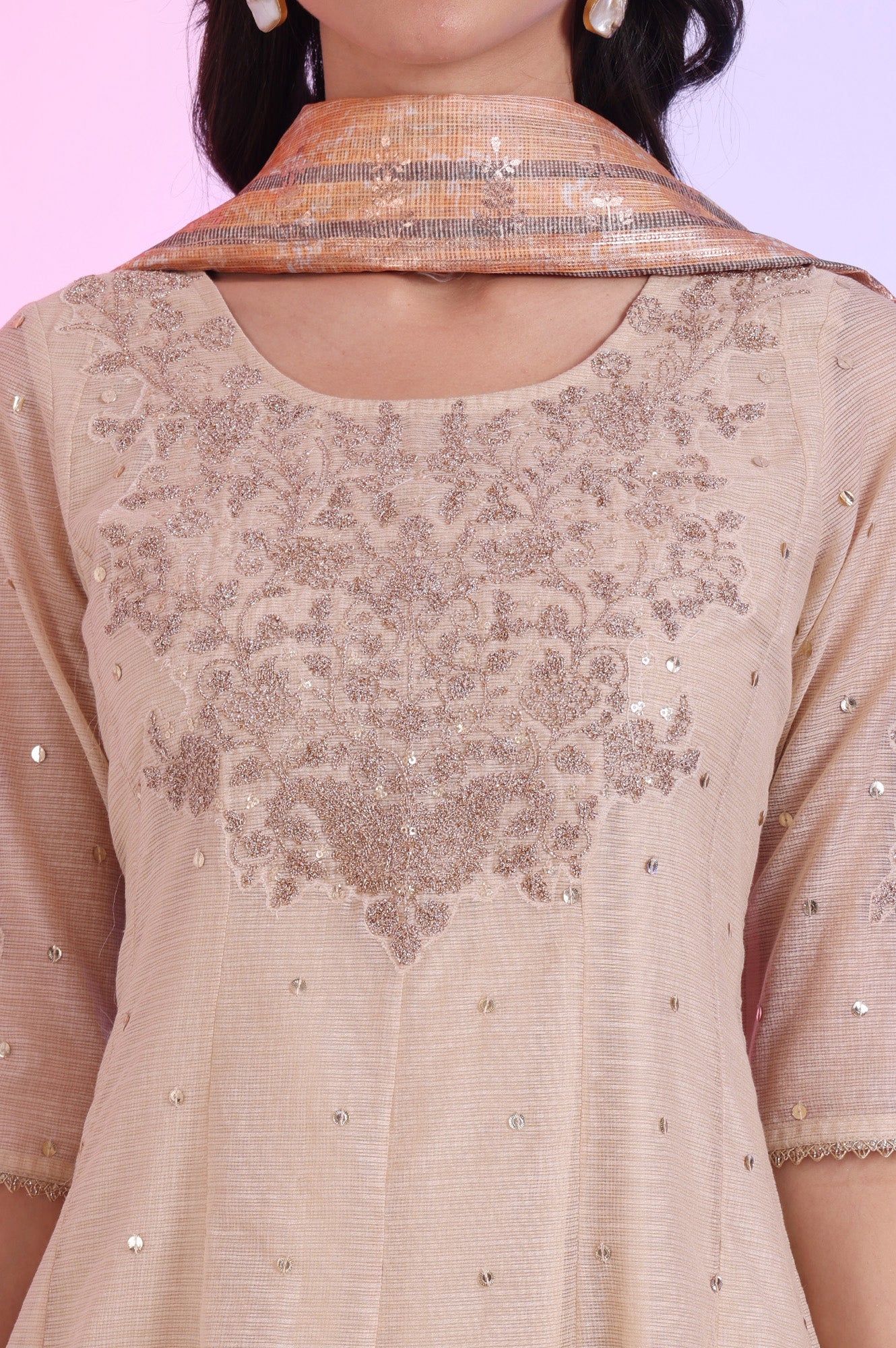 Brown Embroidered Anarkali with Trousers &amp; Dupatta Set