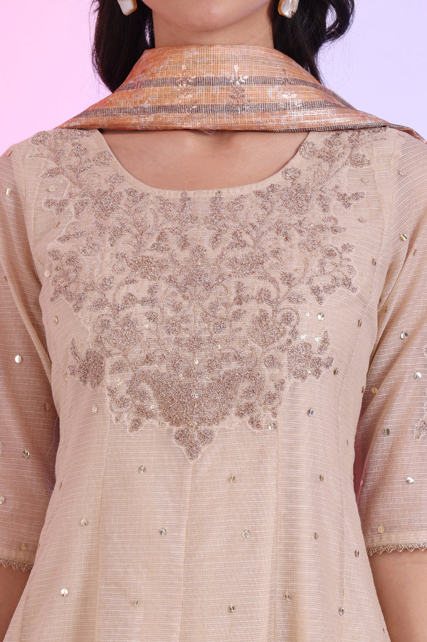Brown Embroidered Anarkali with Trousers & Dupatta Set