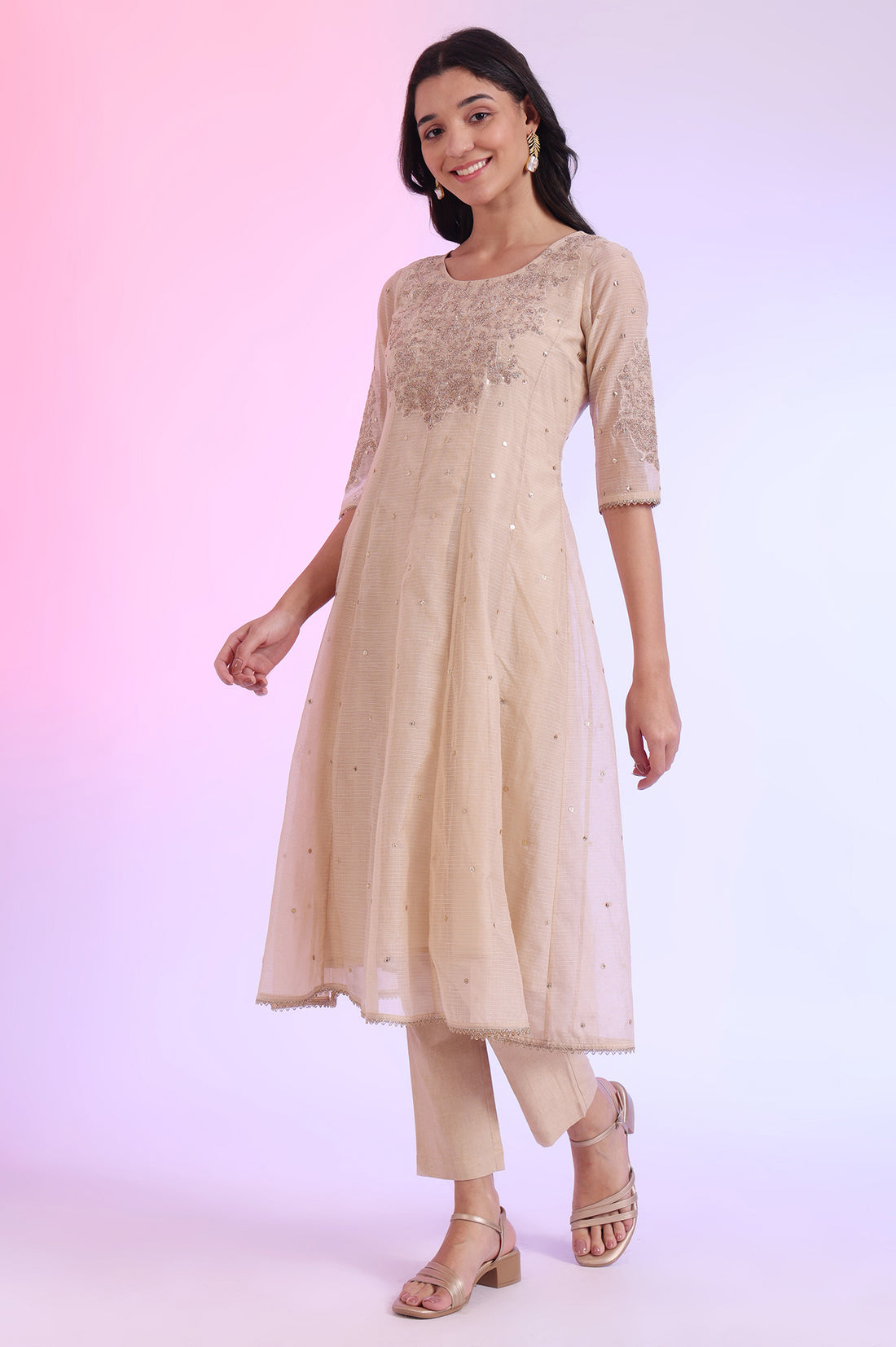 Brown Embroidered Anarkali with Trousers &amp; Dupatta Set