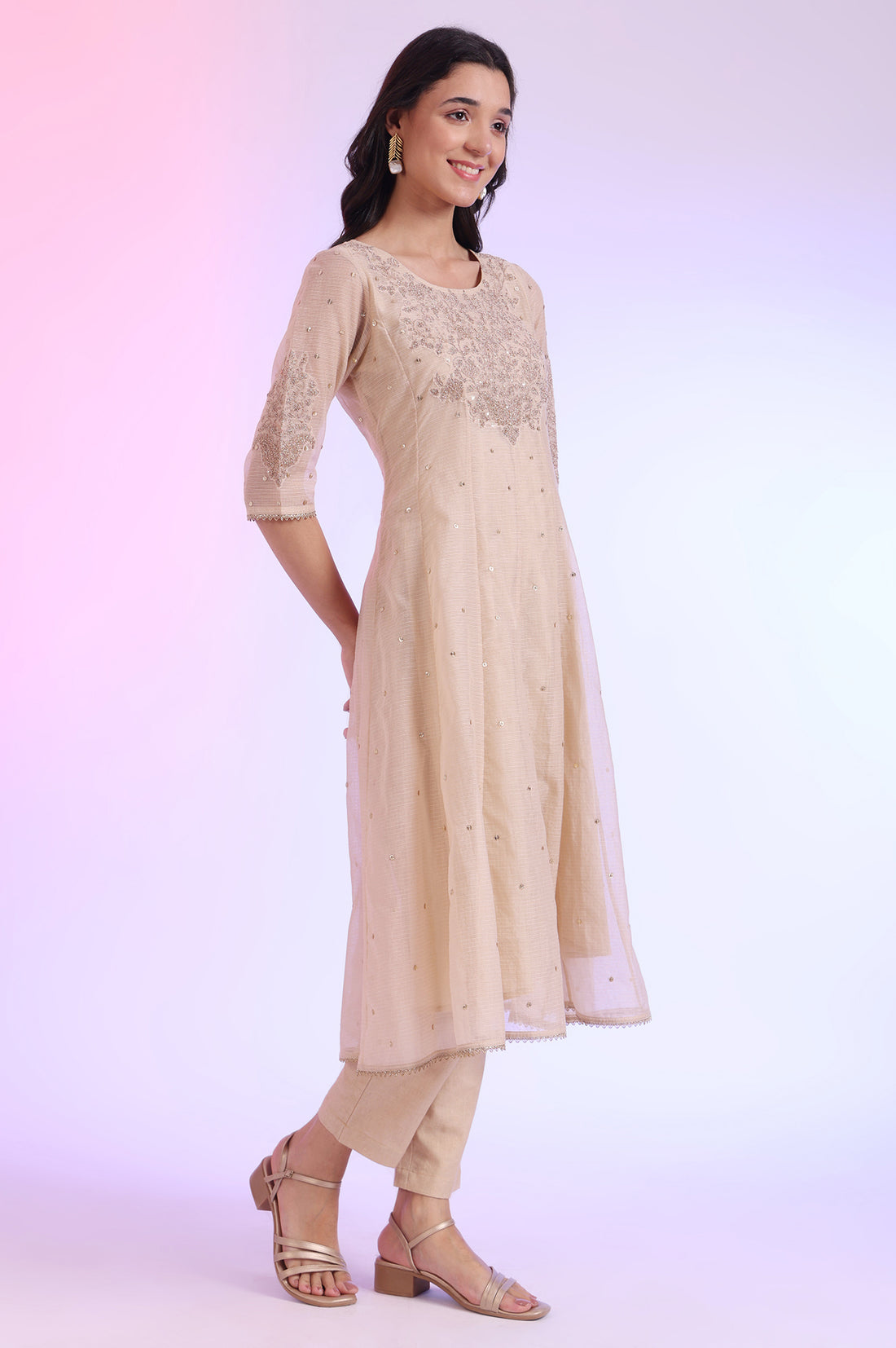 Brown Embroidered Anarkali with Trousers &amp; Dupatta Set