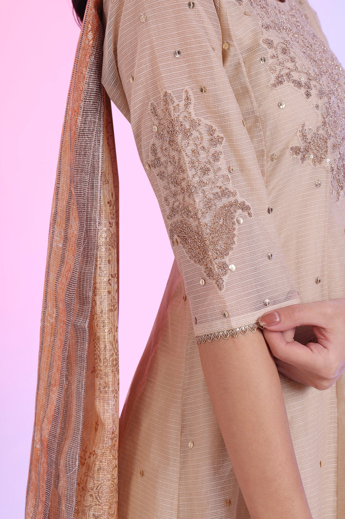 Brown Embroidered Anarkali with Trousers &amp; Dupatta Set