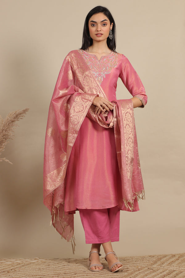 Pink Zari Embroidered Tissue Flared Kurta and Palazzo and Dupatta Set