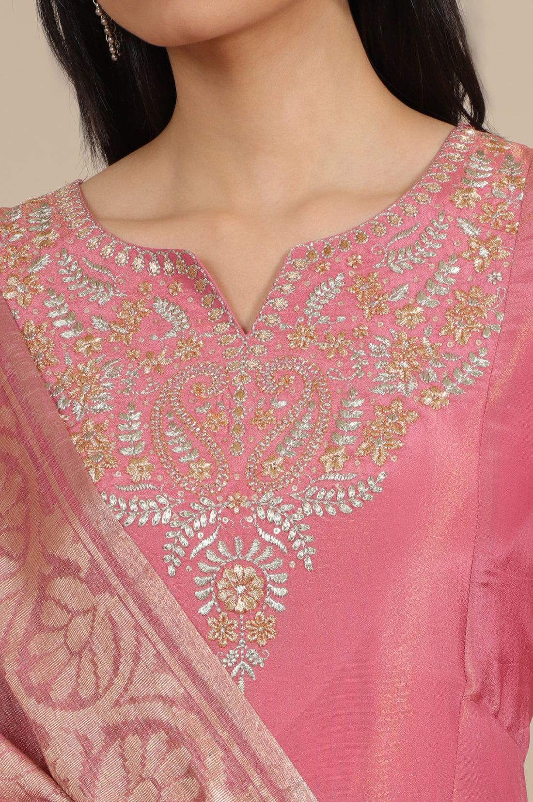 Pink Zari Embroidered Tissue Flared Kurta and Palazzo and Dupatta Set