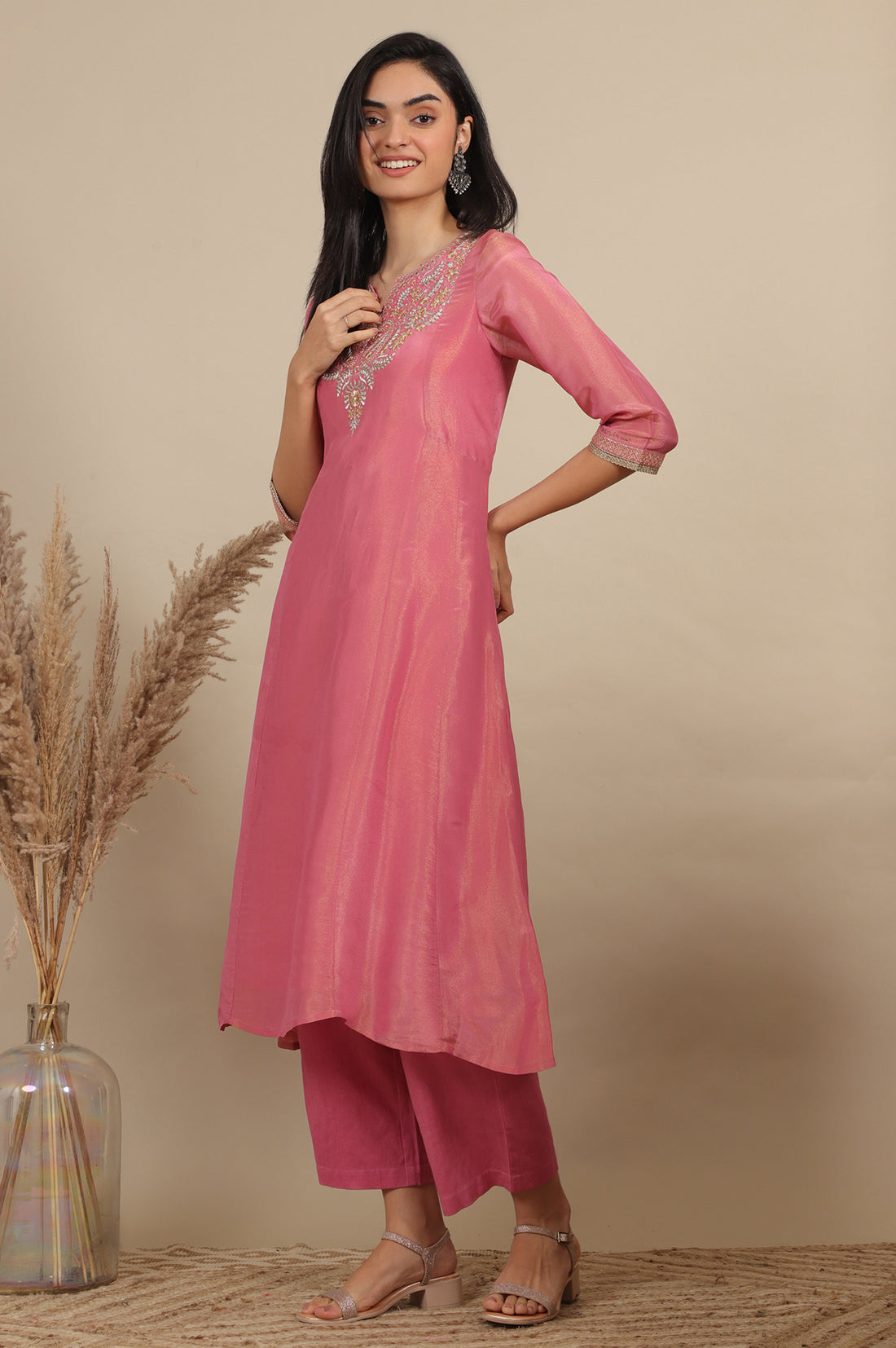 Pink Zari Embroidered Tissue Flared Kurta and Palazzo and Dupatta Set