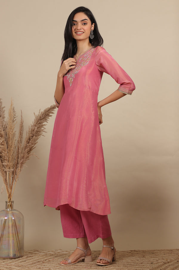 Pink Zari Embroidered Tissue Flared Kurta and Palazzo and Dupatta Set