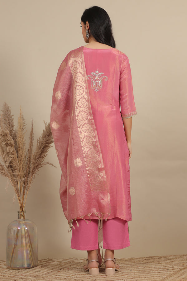 Pink Zari Embroidered Tissue Flared Kurta and Palazzo and Dupatta Set