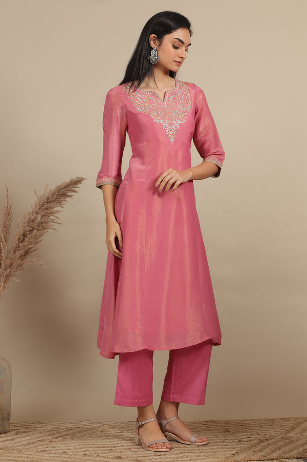 Pink Zari Embroidered Tissue Flared Kurta and Palazzo and Dupatta Set