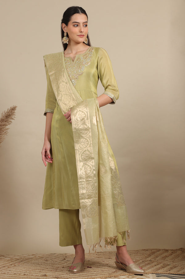 Green Zari Embroidered Tissue Flared Kurta and Palazzo and Dupatta Set