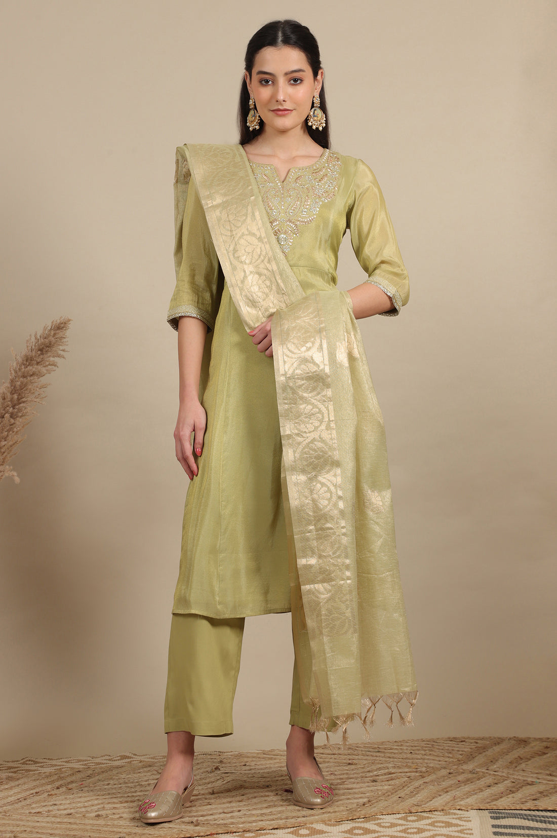 Green Zari Embroidered Tissue Flared Kurta and Palazzo and Dupatta Set