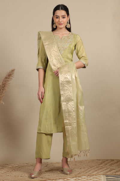 Green Zari Embroidered Tissue Flared Kurta and Palazzo and Dupatta Set