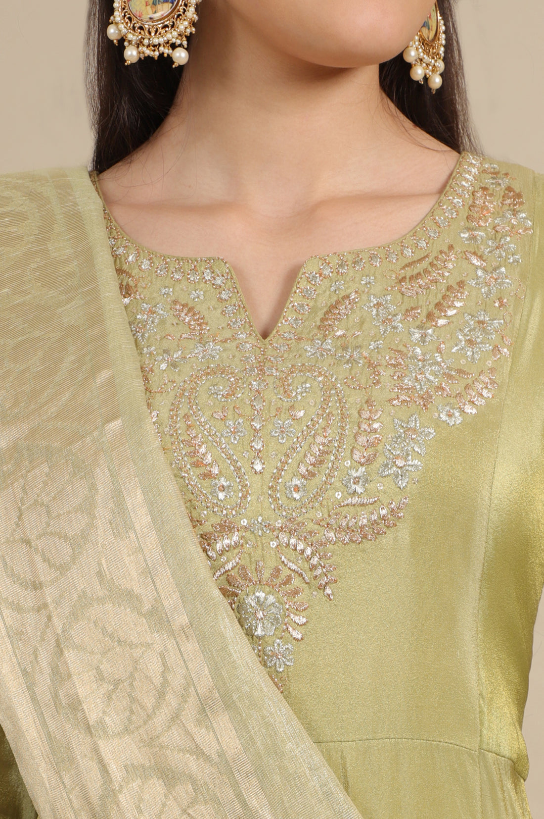 Green Zari Embroidered Tissue Flared Kurta and Palazzo and Dupatta Set