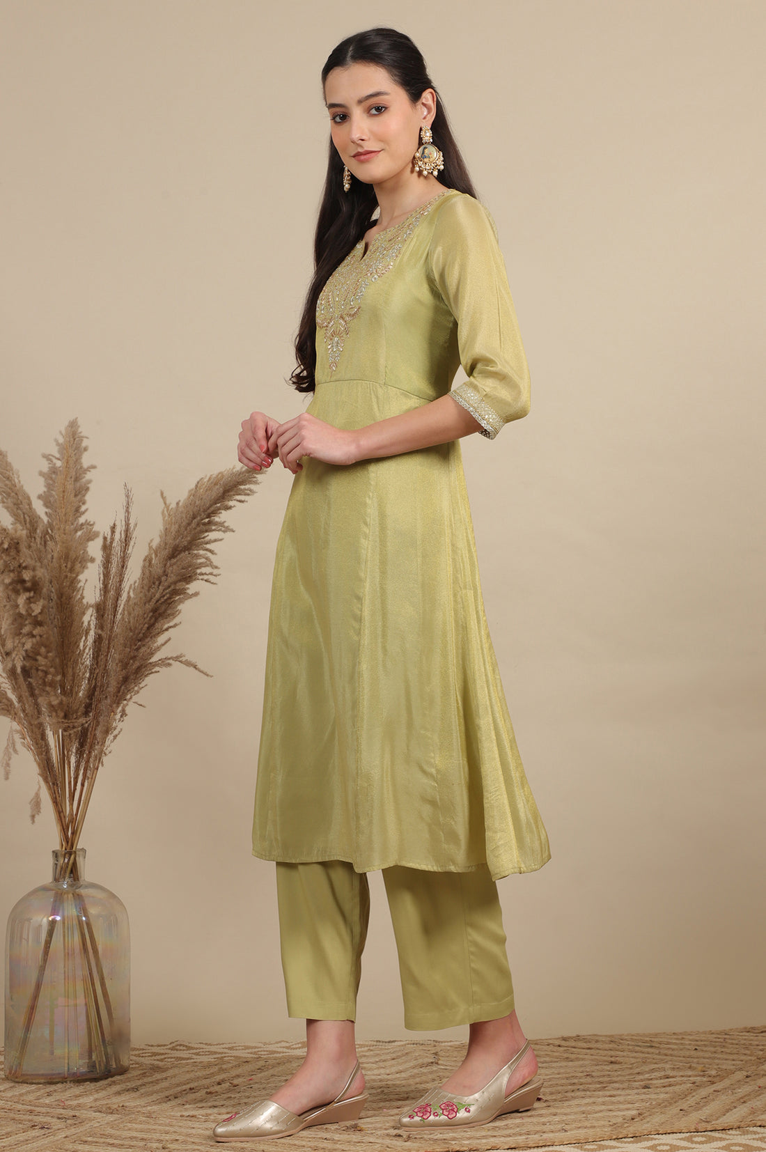 Green Zari Embroidered Tissue Flared Kurta and Palazzo and Dupatta Set