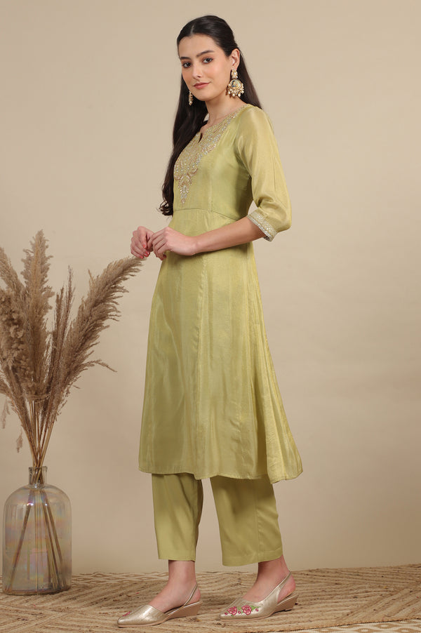 Green Zari Embroidered Tissue Flared Kurta and Palazzo and Dupatta Set