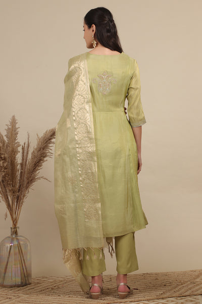 Green Zari Embroidered Tissue Flared Kurta and Palazzo and Dupatta Set