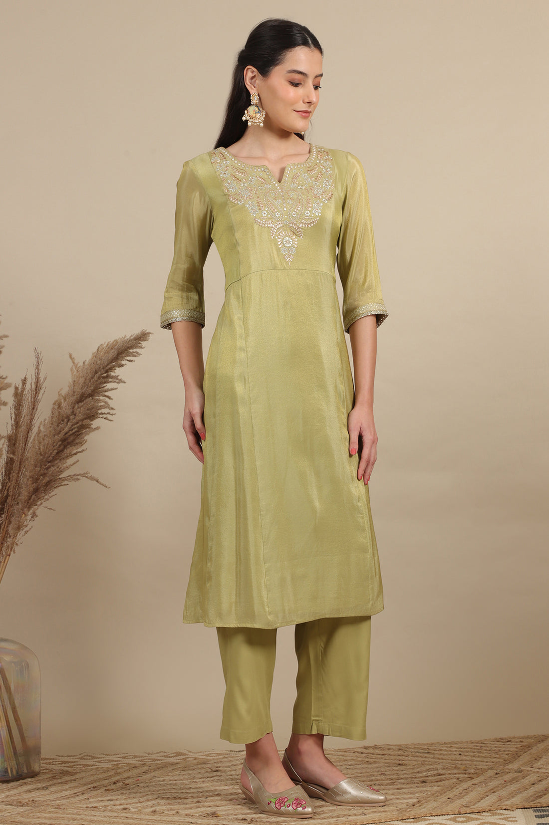Green Zari Embroidered Tissue Flared Kurta and Palazzo and Dupatta Set