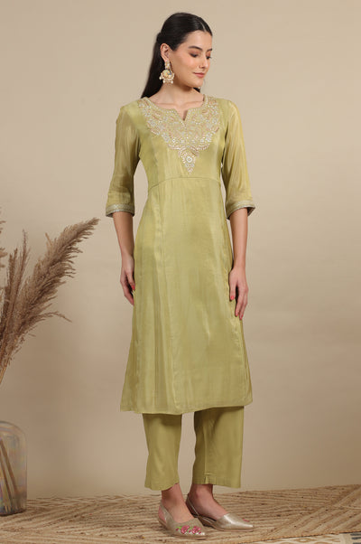 Green Zari Embroidered Tissue Flared Kurta and Palazzo and Dupatta Set