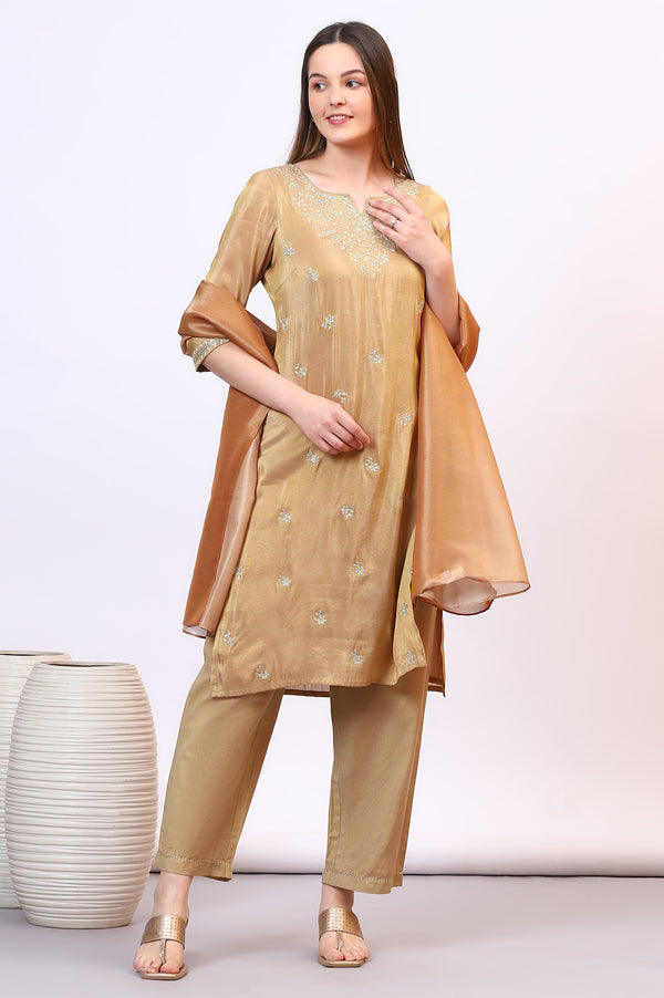 Golden Zari Embroidered Festive Straight Kurta, Palazzo Set with Dupatta