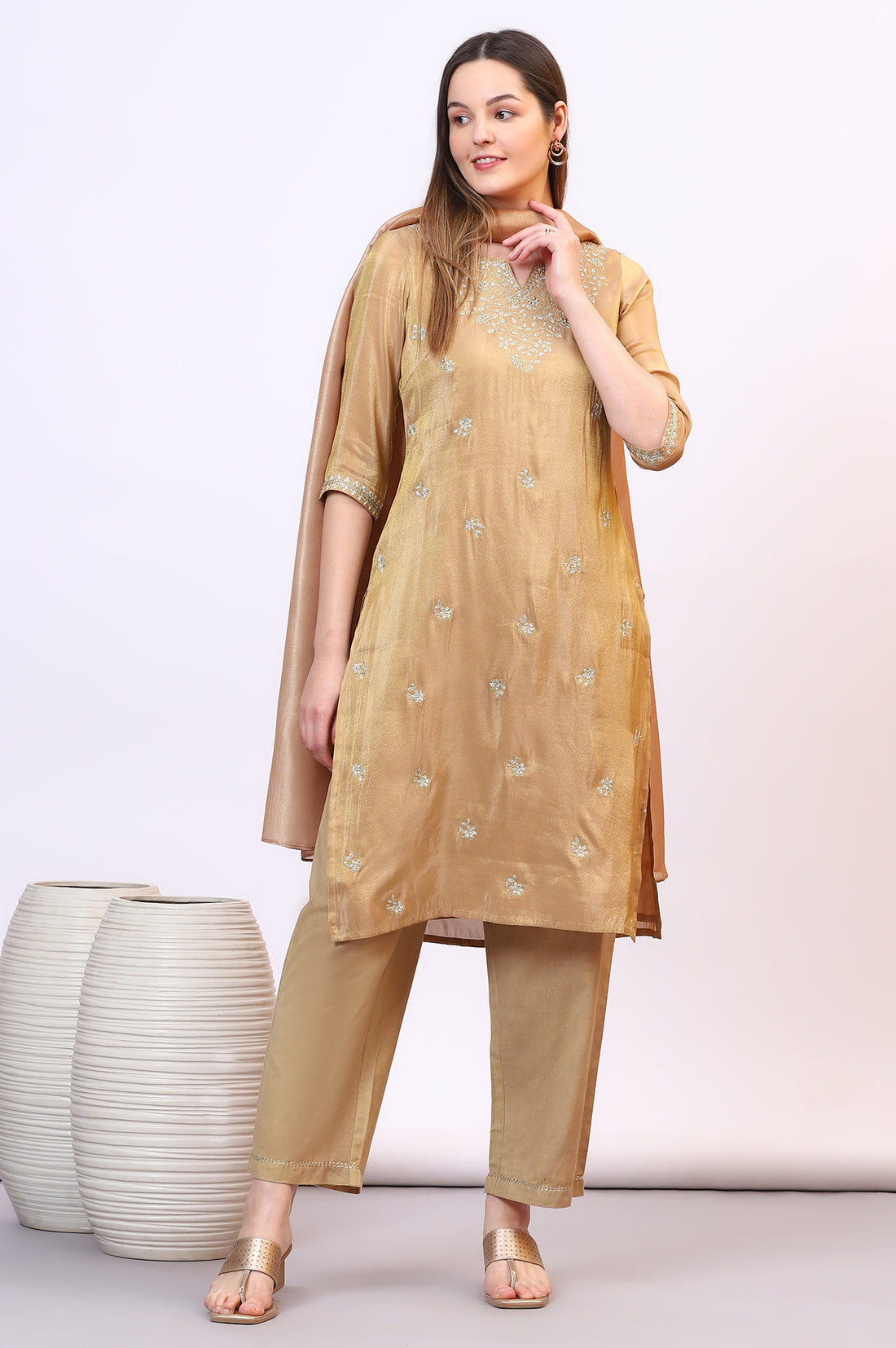 Golden Zari Embroidered Festive Straight Kurta, Palazzo Set with Dupatta