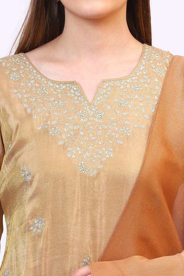 Golden Zari Embroidered Festive Straight Kurta, Palazzo Set with Dupatta