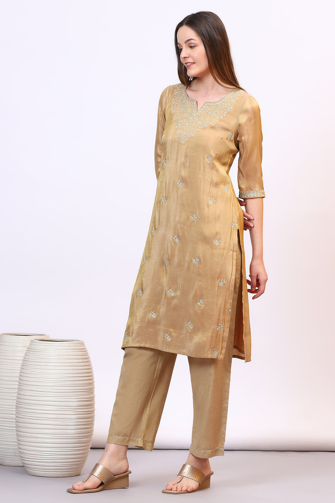 Golden Zari Embroidered Festive Straight Kurta, Palazzo Set with Dupatta