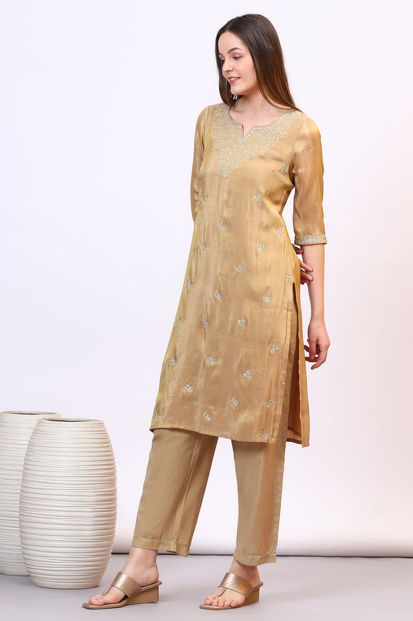 Golden Zari Embroidered Festive Straight Kurta, Palazzo Set with Dupatta