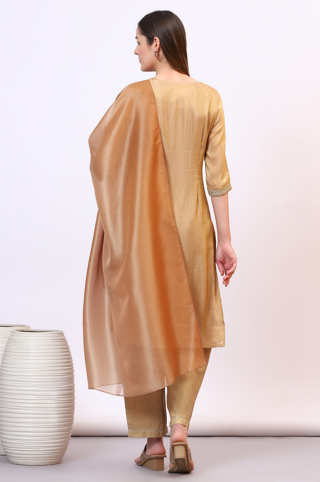 Golden Zari Embroidered Festive Straight Kurta, Palazzo Set with Dupatta