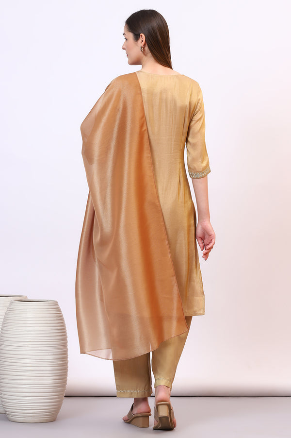 Golden Zari Embroidered Festive Straight Kurta, Palazzo Set with Dupatta