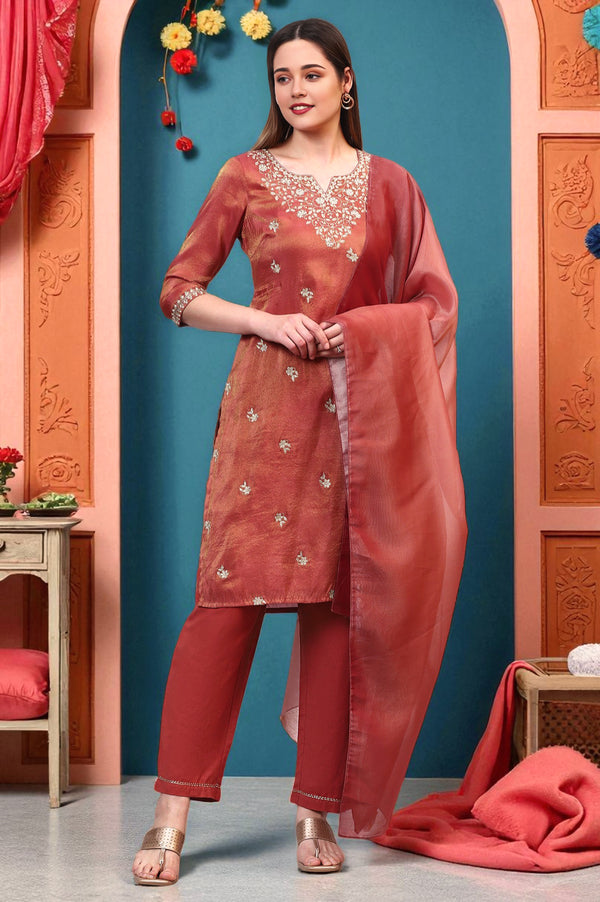 Brown Zari Embroidered Festive Straight Kurta, Palazzo Set with Dupatta