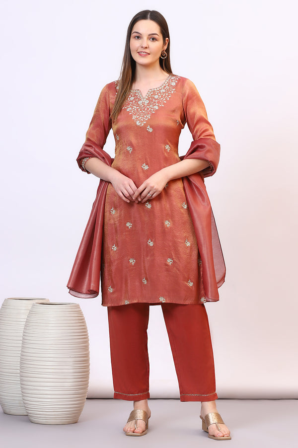 Brown Zari Embroidered Festive Straight Kurta, Palazzo Set with Dupatta