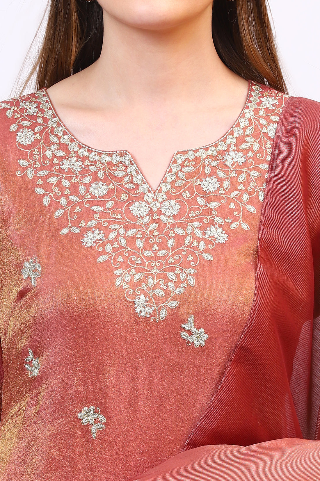 Brown Zari Embroidered Festive Straight Kurta, Palazzo Set with Dupatta