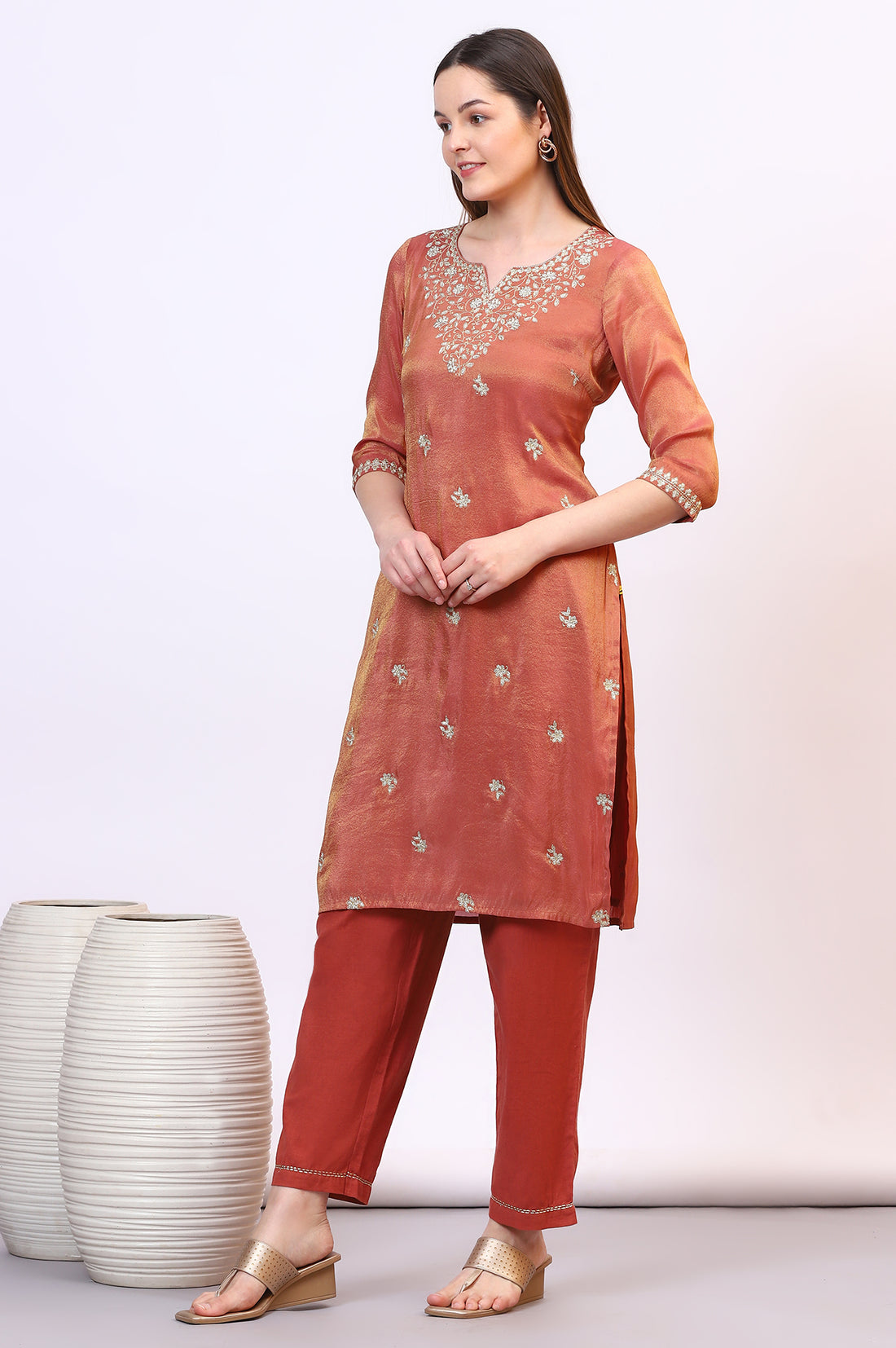 Brown Zari Embroidered Festive Straight Kurta, Palazzo Set with Dupatta