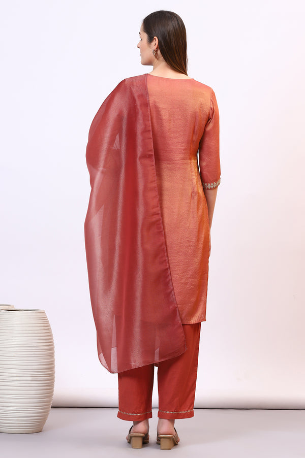 Brown Zari Embroidered Festive Straight Kurta, Palazzo Set with Dupatta