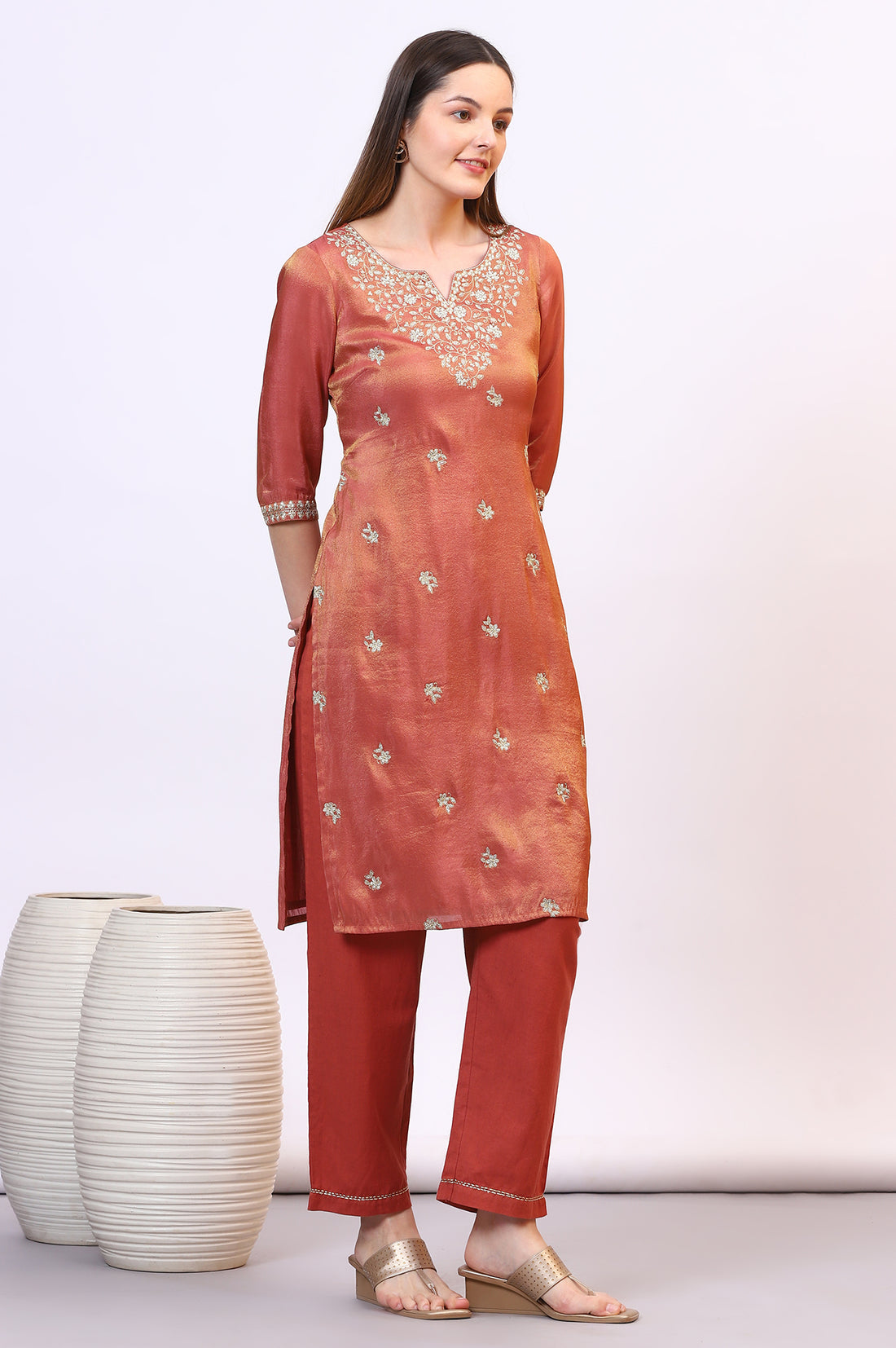 Brown Zari Embroidered Festive Straight Kurta, Palazzo Set with Dupatta
