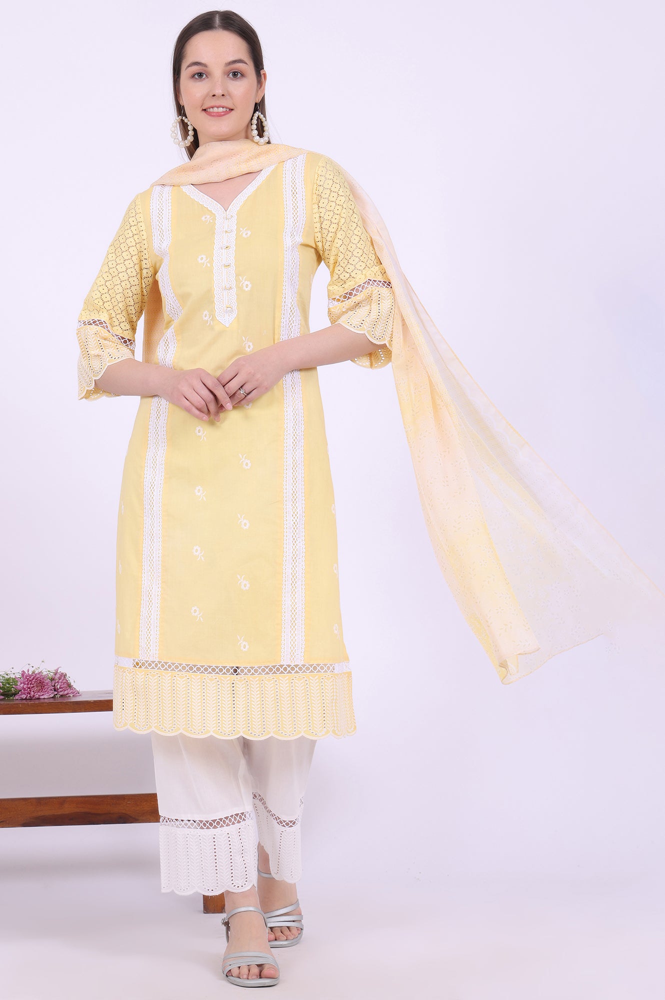 Yellow Embroidered Pure Cotton Straight Kurta with Palazzos &amp; Dupatta Set