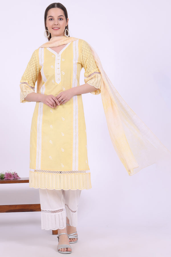 Yellow Embroidered Pure Cotton Straight Kurta with Palazzos & Dupatta Set