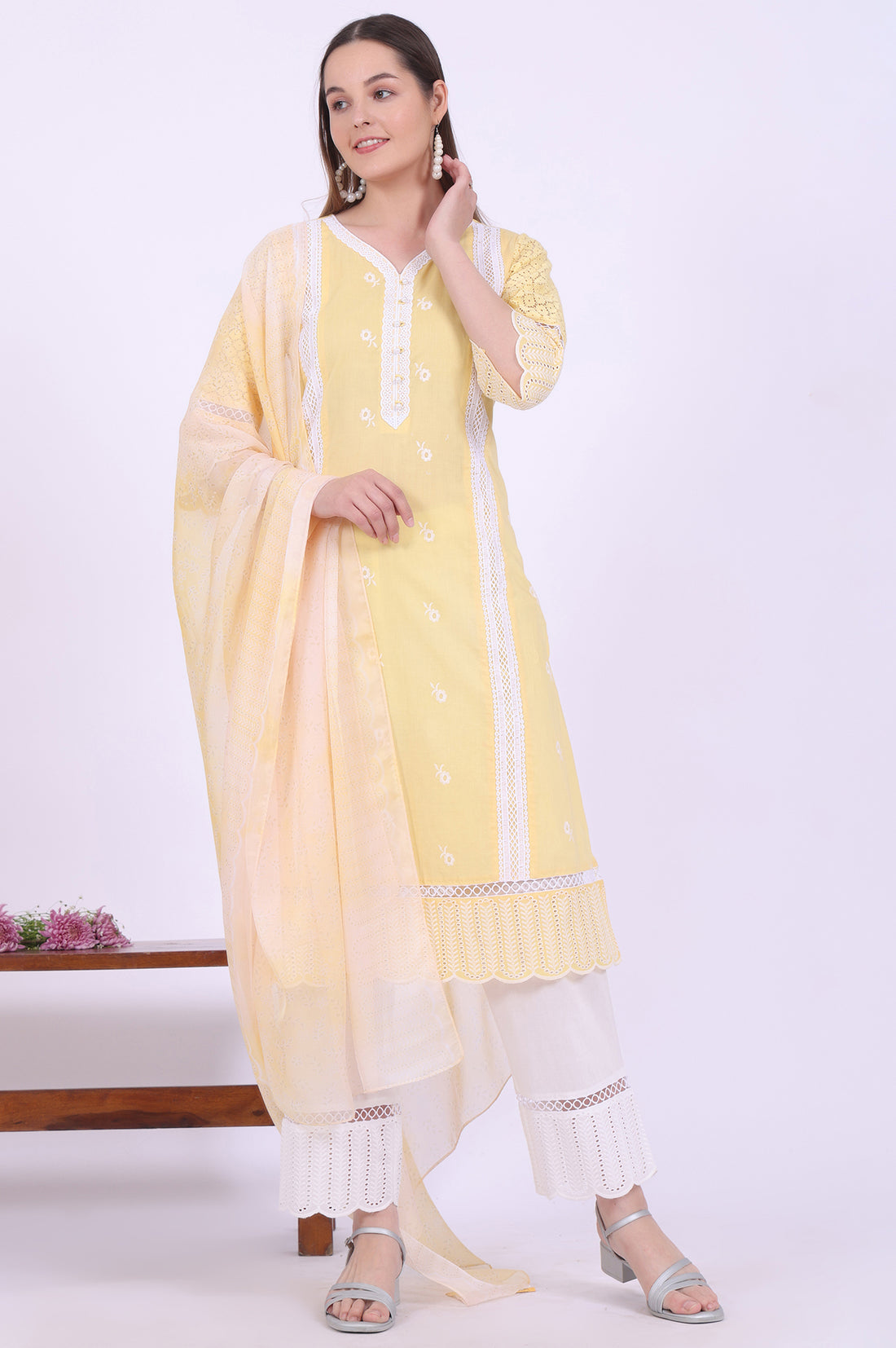 Yellow Embroidered Pure Cotton Straight Kurta with Palazzos &amp; Dupatta Set