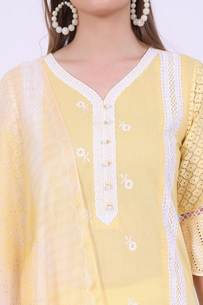 Yellow Embroidered Pure Cotton Straight Kurta with Palazzos & Dupatta Set