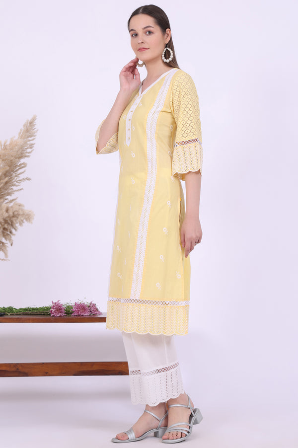 Yellow Embroidered Pure Cotton Straight Kurta with Palazzos & Dupatta Set