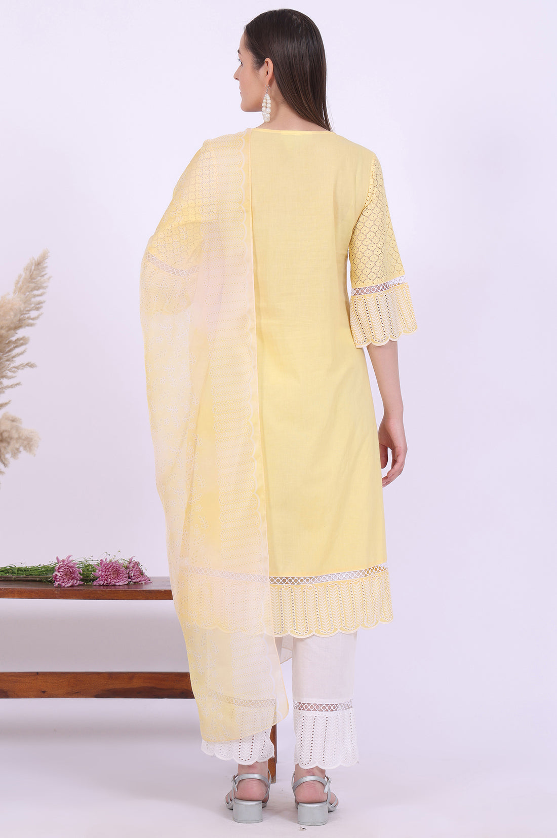 Yellow Embroidered Pure Cotton Straight Kurta with Palazzos &amp; Dupatta Set