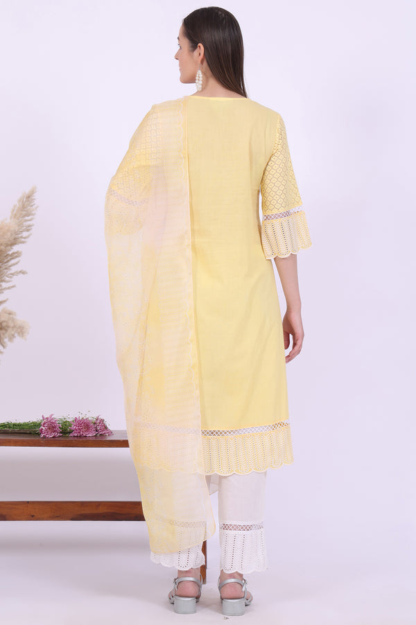 Yellow Embroidered Pure Cotton Straight Kurta with Palazzos & Dupatta Set