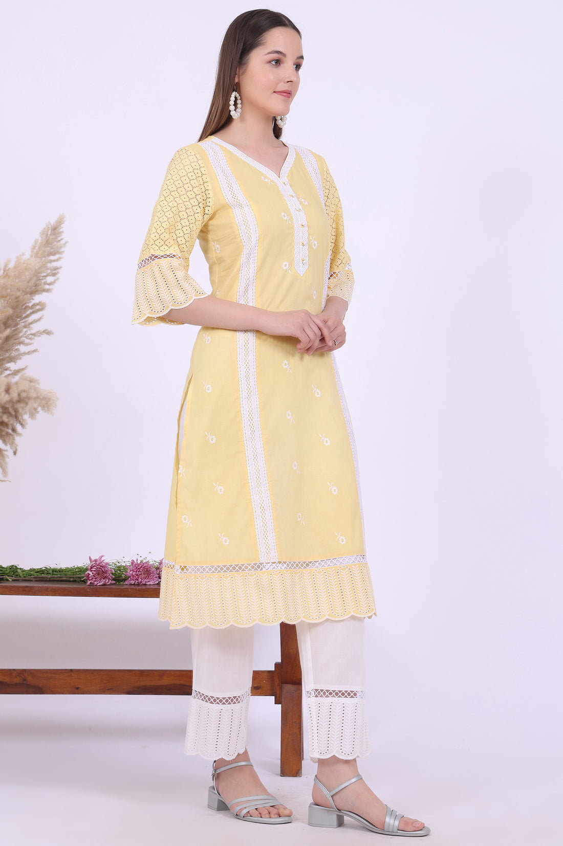 Yellow Embroidered Pure Cotton Straight Kurta with Palazzos &amp; Dupatta Set