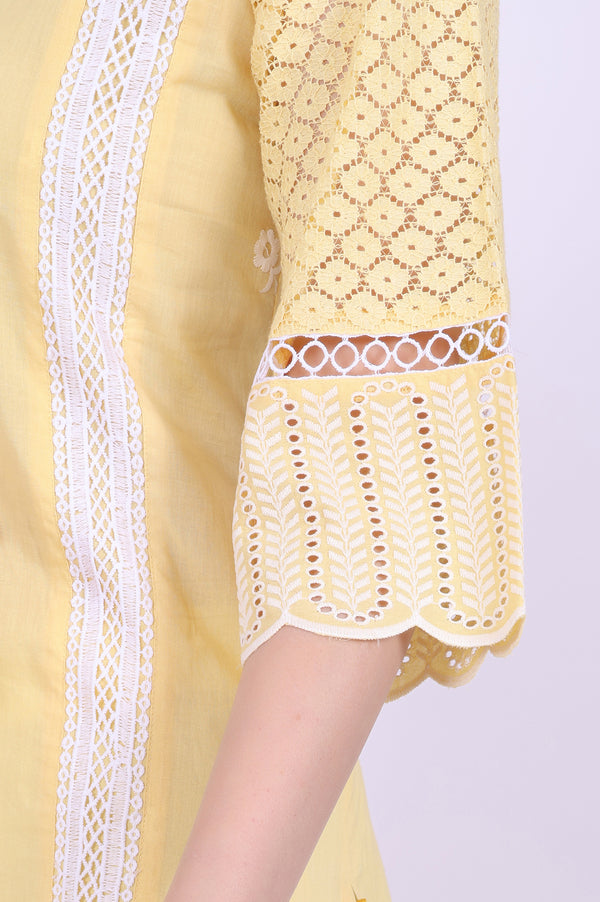 Yellow Embroidered Pure Cotton Straight Kurta with Palazzos & Dupatta Set