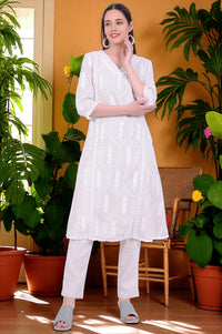 Beige Embroidered A-Line Kurta &amp; Trousers Set