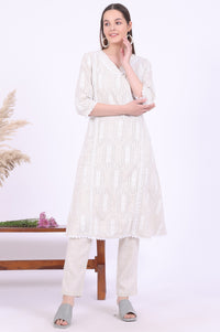 Beige Embroidered A-Line Kurta &amp; Trousers Set