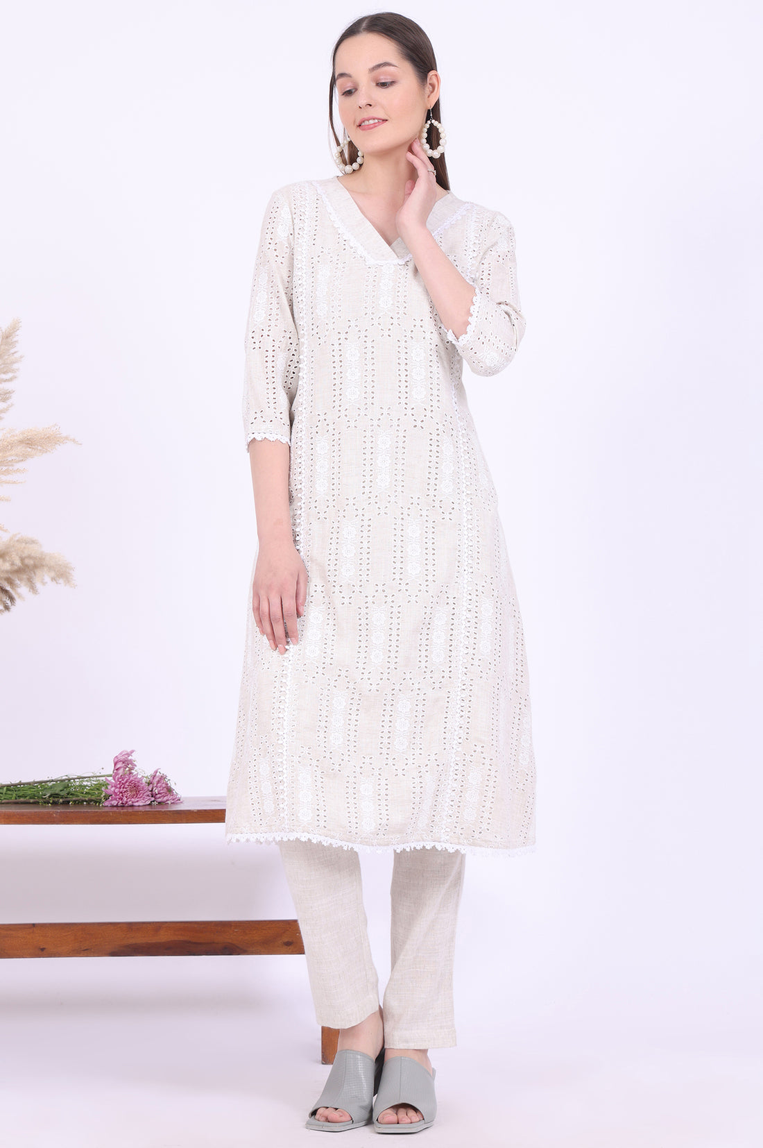 Beige Embroidered A-Line Kurta &amp; Trousers Set