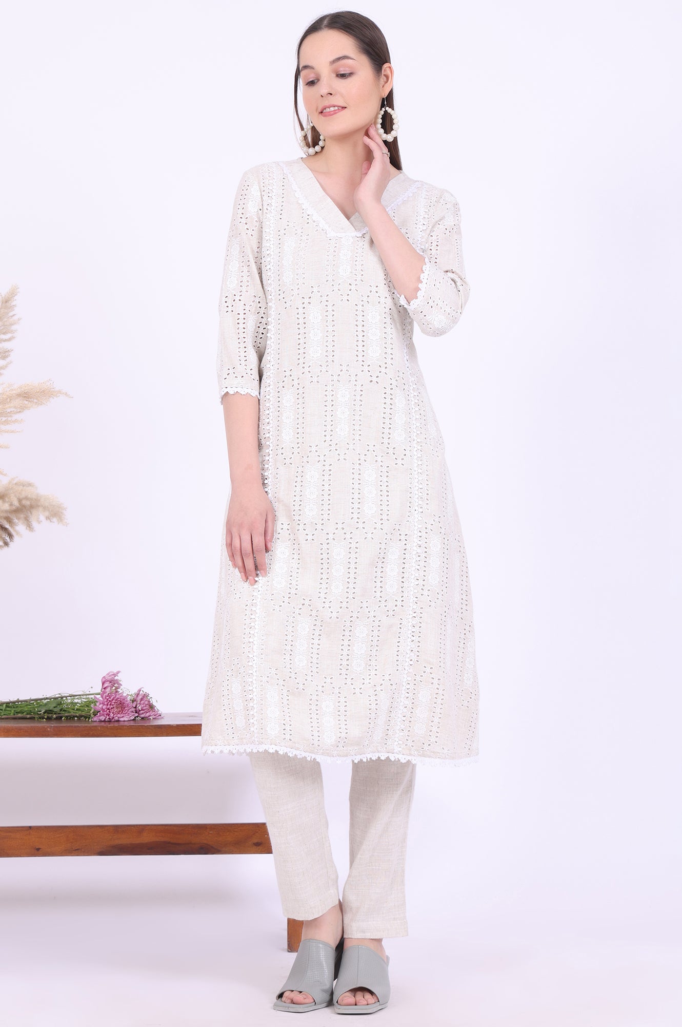 Beige Embroidered A-Line Kurta &amp; Trousers Set