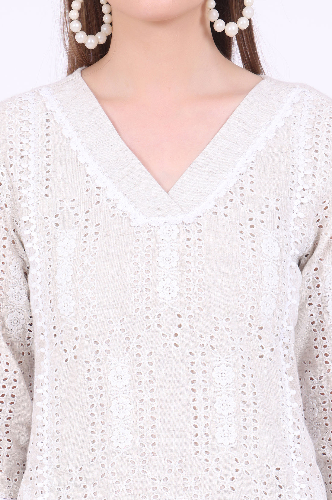 Beige Embroidered A-Line Kurta &amp; Trousers Set